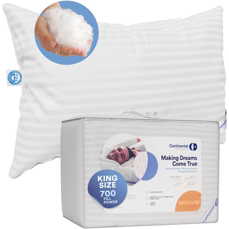 700 Fill Power 100% White Goose Down Bed Pillows 100% Cotton Firm, Medium and Plush (1 Pillow), Medium, King