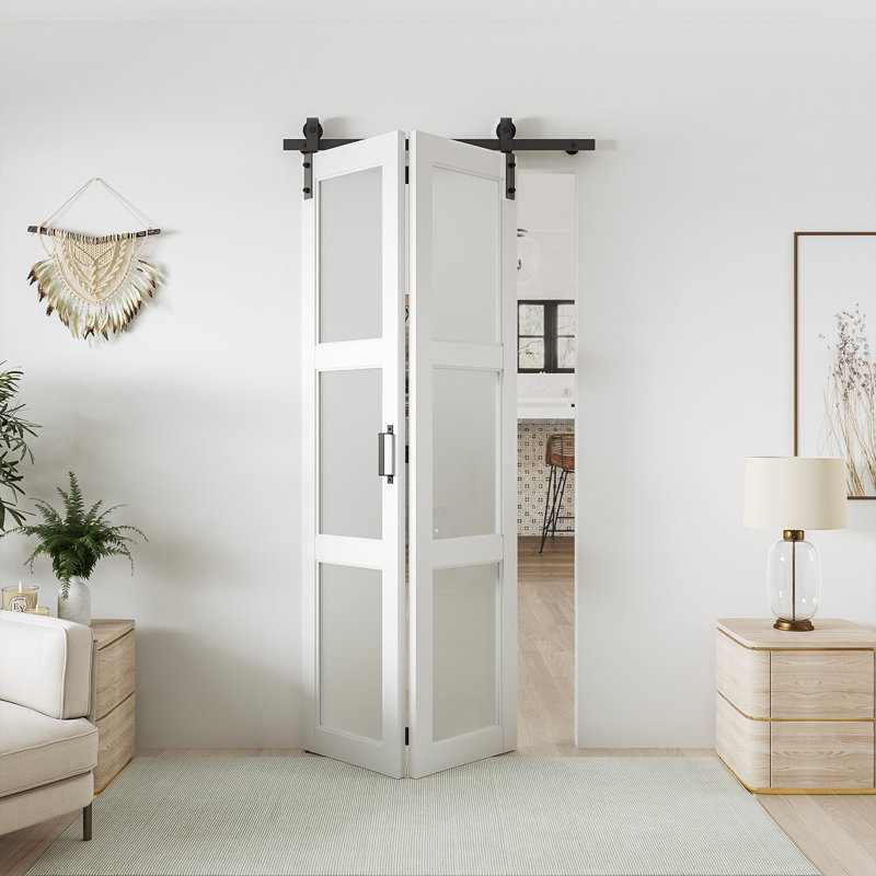 3-Lite 84" Manufactured Wood and Glass Panelled Bifold Barn Door with Installation Hardware, 36" x 84"