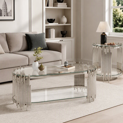 Modern Luxury Coffee Table And Side Table Set, 2-Piece Oval Glass Nesting Tables With Rhythmic Vertical Metal Rods, Polished Chrome Finish For Living Room Office