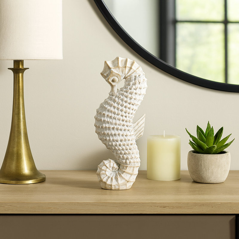 Figurine décorative en résine hippocampe pour décoration intérieure - Statue unique pour décorations de salon ou de table - 12 po, blanc et brun