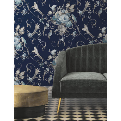 Papier peint floral avec des perroquets et des bouquets de fleurs