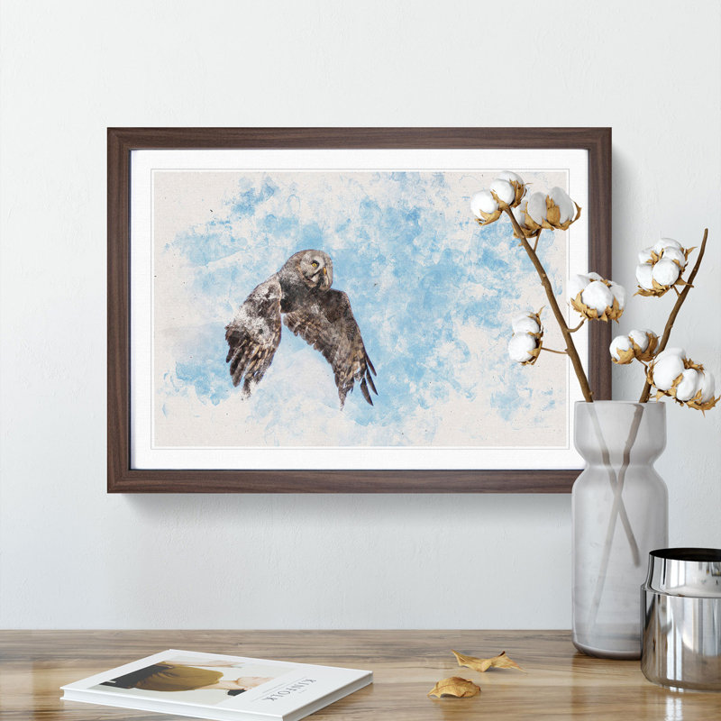 Flying Great Grey Owl - Picture Frame Painting Print, Walnut Framed, 40cm H x 60cm W x 2cm D