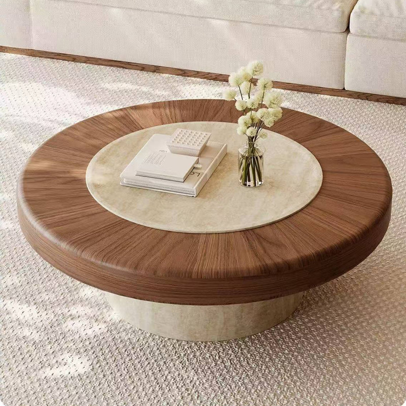 Table basse ronde de 35,4 po avec placage en noyer et plateau en pierre frittée en travertin, conception moderne Wabi-Sabi, aucun assemblage requis