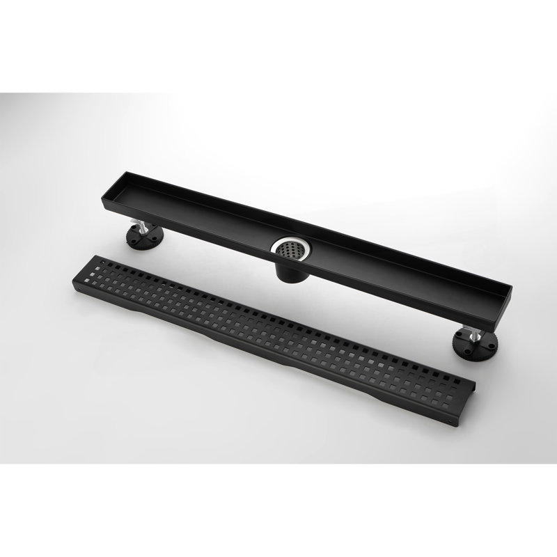 Drain de douche linéaire de 28 pouces avec grille quadrato amovible, drain de douche en acier inoxydable 304, crépine et pieds de nivellement inclus, bride