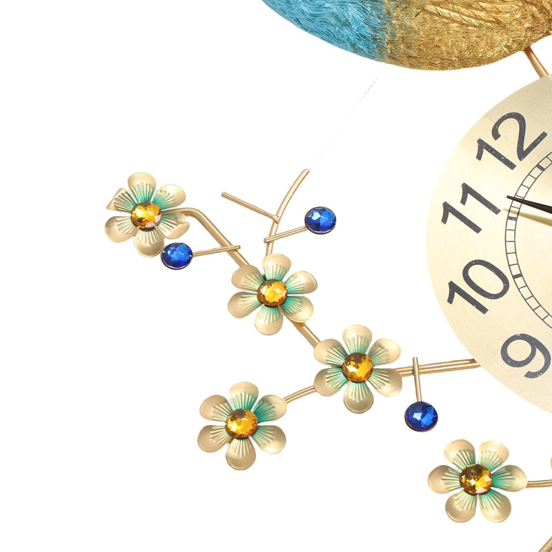 Horloge murale de luxe paon en métal 8,7 pouces art moderne à piles silencieux pour le salon