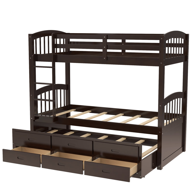 Fouad Kids Twin Over Twin Bunk Bed with Trundle with Drawers, Espresso