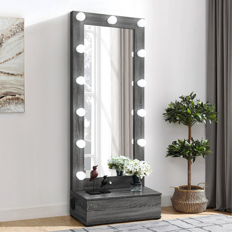 Miroir gris avec tiroir, DEL et haut-parleurs gris