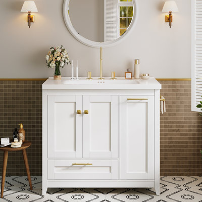 36" Bathroom Vanity with Ceramic Sink, Freestanding Storage Cabinet with Drawer and Tilt-Out Laundry Basket, Bathroom Storage Cabinet