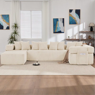 146" U Shaped Sectional sofa, 5 Seats Convertible Sleeper Couch& L-shaped ,8 Pillows, Free Combination, Oversized DIY sofa,Magazine bag,Corduroy,Beige