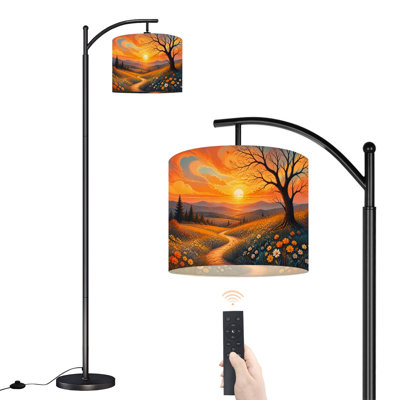 Lampadaire arqué, motif coucher de soleil sur prairie fleurie, collines vallonnées, 159 cm de haut, lampe sur pied moderne, abat-jour tambour en lin, 3 températures de couleur, télécommande et interrupteur au pied, idéal pour le salon, la chambre ou un coin lecture.