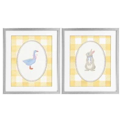 Goose & Bunny Yellow Gingham, ensemble de 2 reproductions encadrées sous verre