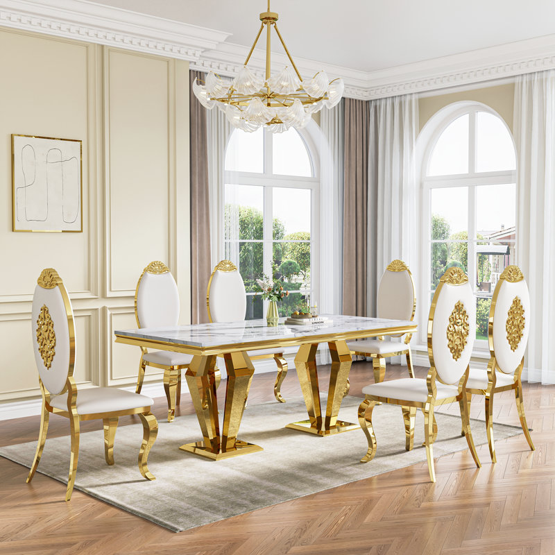 70"Faux Marble Dining Table,Rectangular Kitchen Table With Diamond-Shape Stainless Steel Legs For Kitchen, Living Room