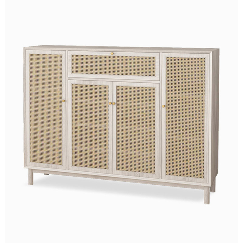 Armoire à chaussures minimaliste en bois massif de rotin moderne, Ivory/Natural