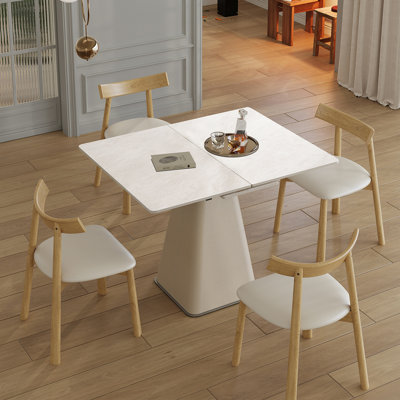 Ensemble de table de salle à manger rétractable Rock Slab, table moderne extensible 5 pièces avec 4 pieds en bois et base revêtue de cuir, ensemble de cuisine compact pour petits appartements