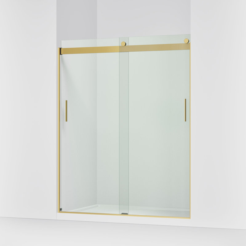 Levity 74" H x 59.63" W Bypass Shower Door with CleanCoat Technology, Moderne Brass, Crystal Clear