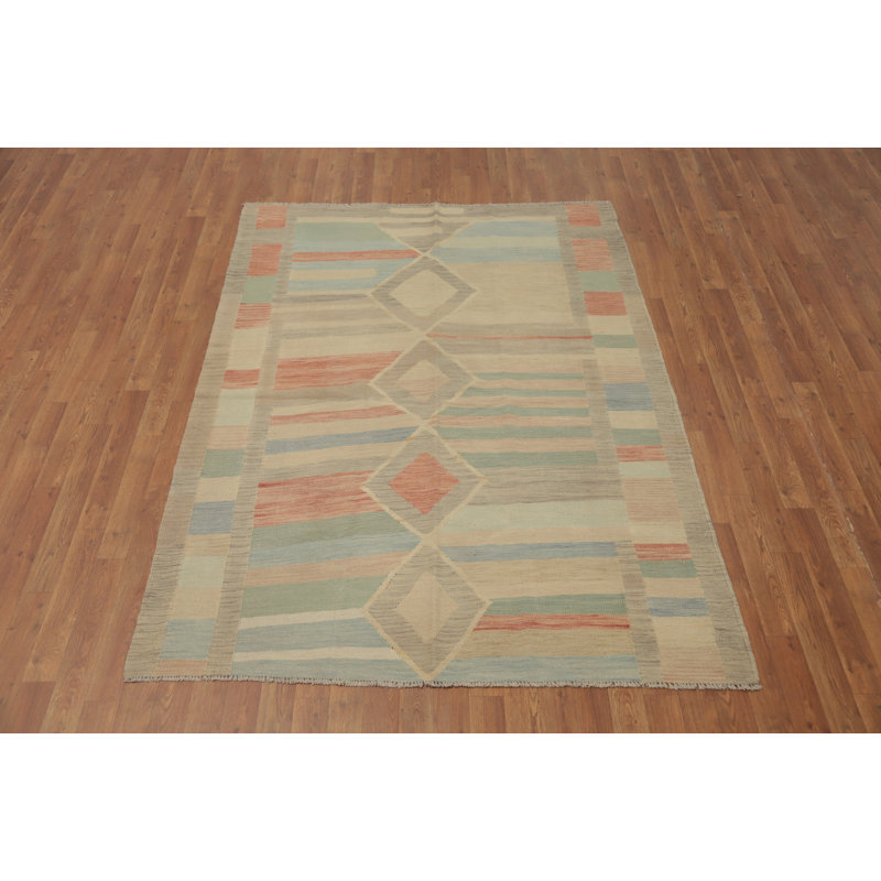 Tapis géométrique en laine à tissage plat kilim 5 x 7