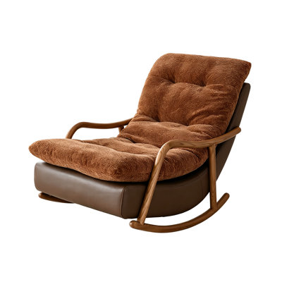 Fauteuil simple à bascule pour le salon 28,74 po, style Mid-Century, tissu brun et cuir de qualité supérieure avec structure en bois de frêne massif