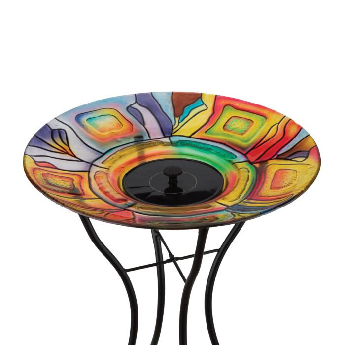 Colorful Art Glass Solar Fountain Birdbath with Stand