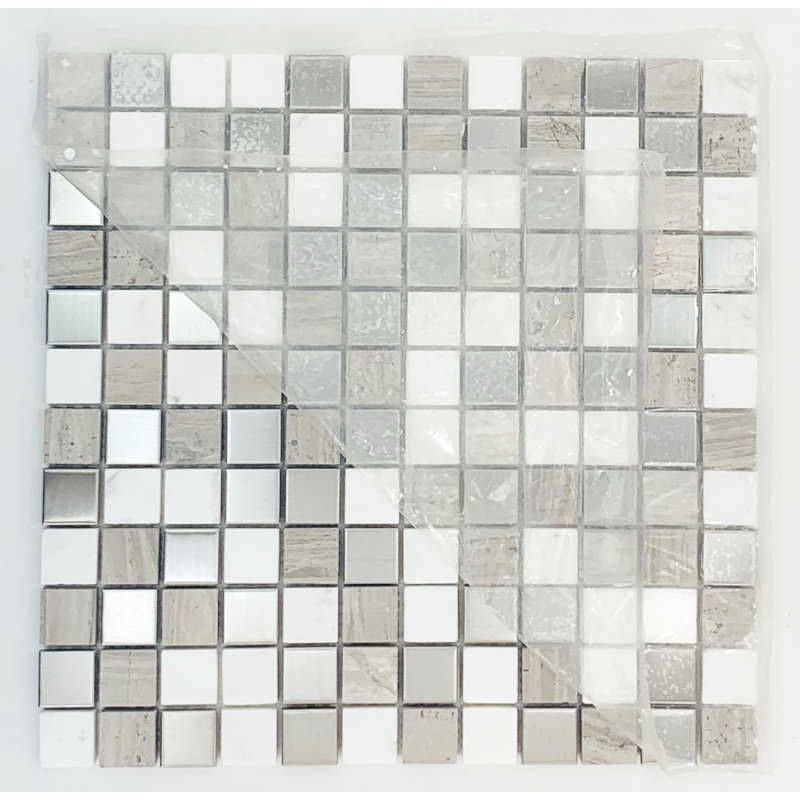 1" x 1" Mixed Material Mosaic Tile, Gray/White
