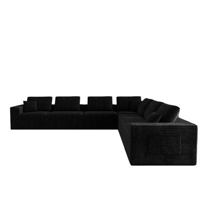 141.73*141.73"Modular Sectional Sofa Seat,Upholstered Compressed Couch For Living Room,Bedroom,Apartment,No Assembly Required,7 Pc Free Combination,Plush Corduroy Fabric,Black