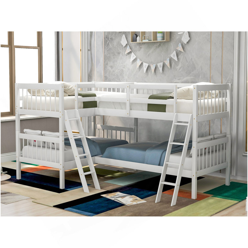 L-Shaped Bunk Bed With Ladder,Twin Size-Gray, White