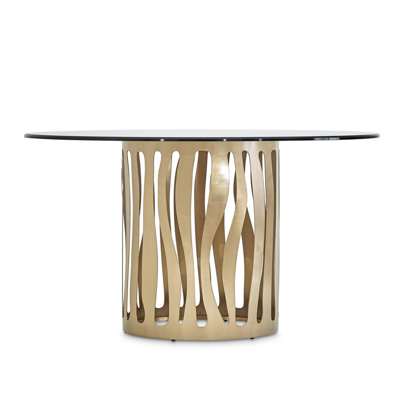 Beige Round Wood and Glass Dining Table