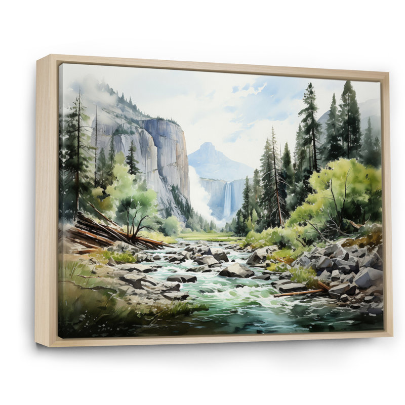 «Green Blue Mountains Cascade Symphony», reproduction d'art sur toile, H 24 po x l 32 po x P 1 po, Cadre naturel flottant