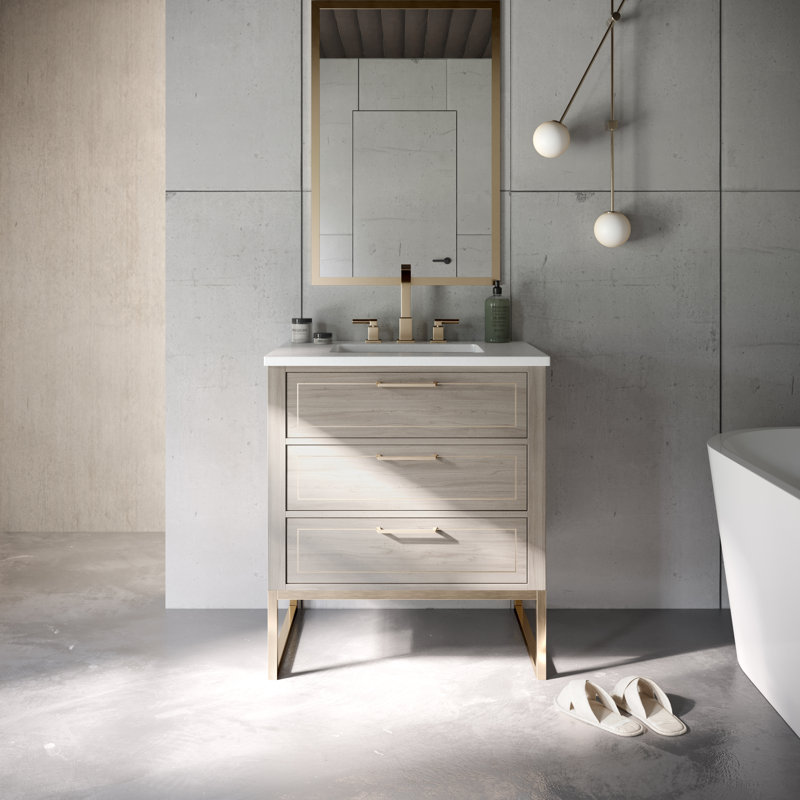 Markham 30'' W Single Vanity, Cashmere Gray, Satin Brass, Universal Calacatta Quartz