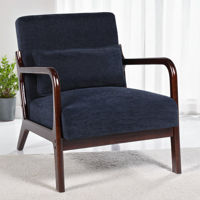 Fauteuil Mid-Century moderne en velours côtelé, structure en bois d'hévéa massif, coussin lombaire amovible, Bleu