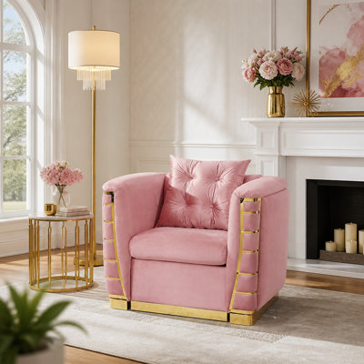 Canapé une place en velours italien, 102 cm (40,2 pouces) avec 1 coussin décoratif, rose avec détails métalliques dorés, pour salon, chambre et maison