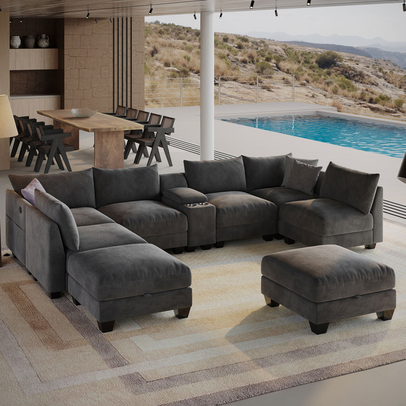 Canapé modulaire en forme de U de 136,2 po, canapé modulaire à 8 places pour 8 personnes, canapé de salon confortable avec repose-pieds et console