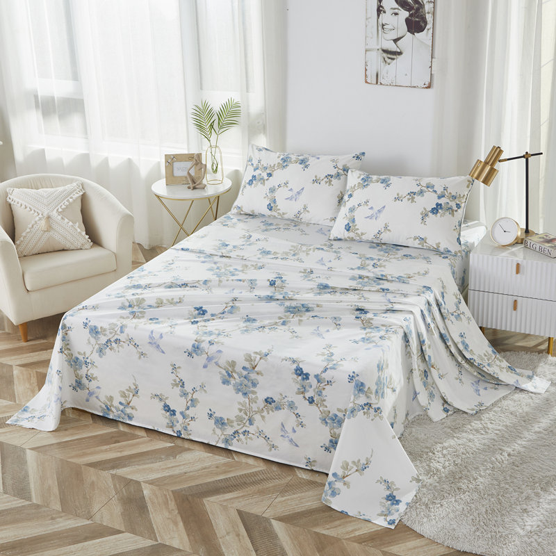 100% Egyptian Cotton Fitted Sheet Set, 4pcs 800 Thread Count Luxury Blue Watercolor Floral Bedding Set, For Bedroom Guest Room Student Dorm All Seasons