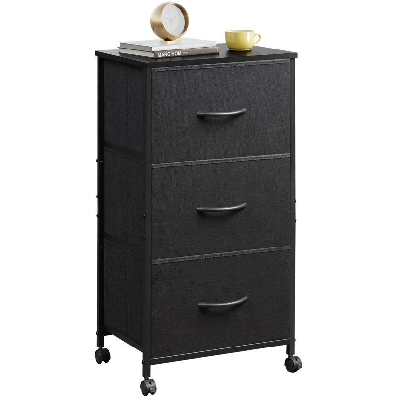 Dresser with 3 Drawers, Fabric Nightstand, Cabinet with Wheels, Organizer Storage Dresser for Bedroom, Office, Entryway, Closets, Sturdy Steel Frame, Wood Top, Easy Pull Handle