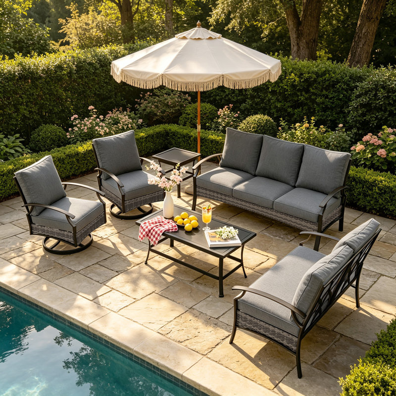 Ensemble de patio d'extérieur en métal 7 personnes avec deux tables et décoration en osier Charron, Gris