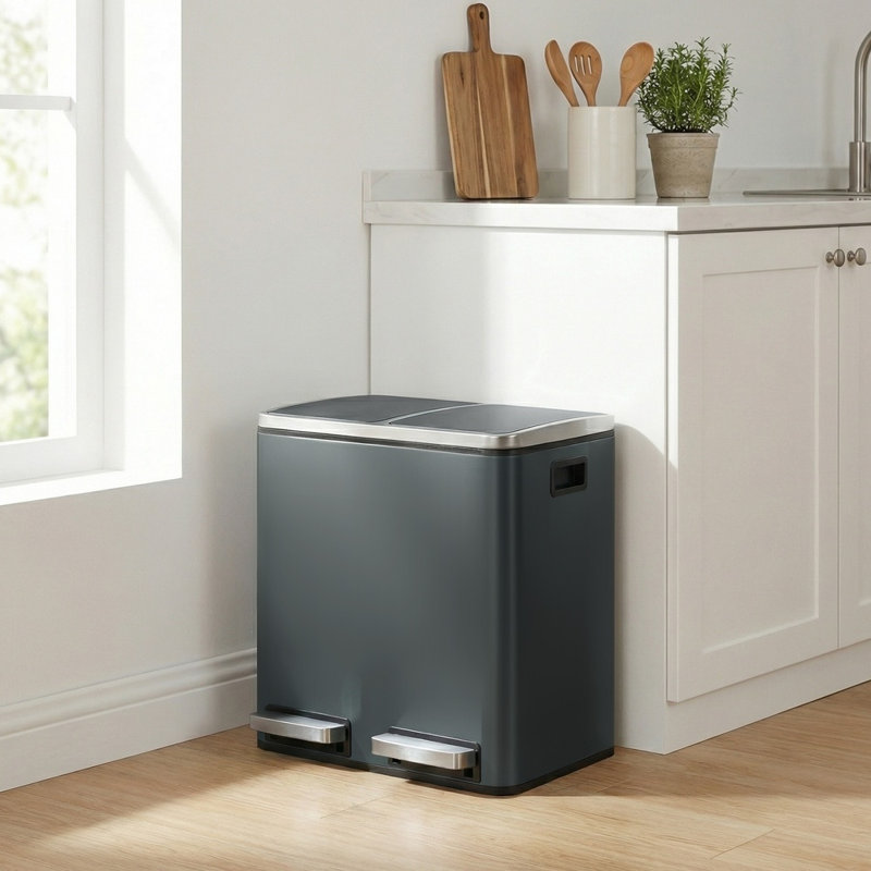 Double Kitchen Bin, Pedal Recycling Bin, Soft Close, Inner Buckets, 2 x 15 L, Greenish Gray