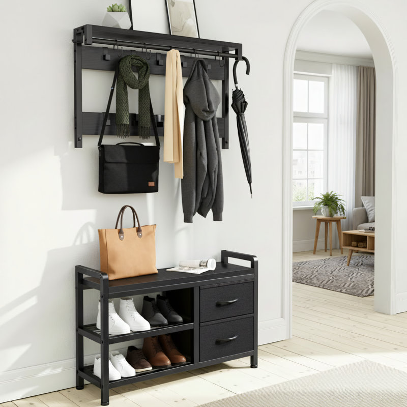Black, 5-In-1 Foyer Tree, 31.6-Inch Wide Entryway Bench With Coat Rack, 17 Hooks + Separate Drawers, Black