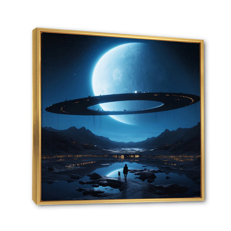 Blue The Moon Is The Blue II - Fantasy Wall Art Living Room, H 16 po x l 16 po x P 1 po, Cadre flottant doré
