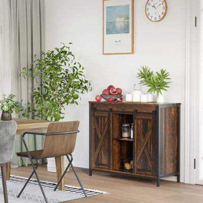 Buffet industriel par. Brun rustique. Rangement avec portes coulissantes et tablettes réglables. Pour le salon, le bar maison. Buffet l 35,5 "x P 13,5" H 30 ". Couleur brune. Tablette de porte pour