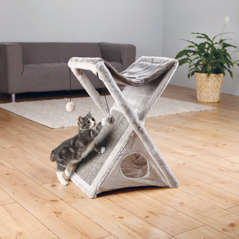 TRIXIE Miguel Fold and Store 25.5" Cat Furniture, Cat Scratching Pad, Top Hammock, Dangling Cat Toys, Cat Cave, Gray