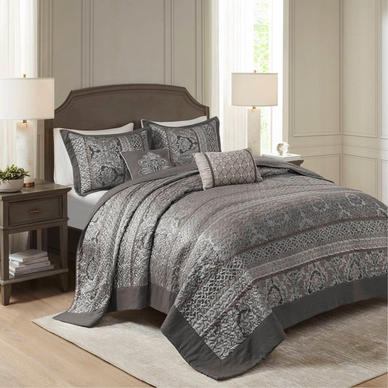 Ensemble de couvre-lit réversible 5 pièces pour lit très grand 5 pièces, gris