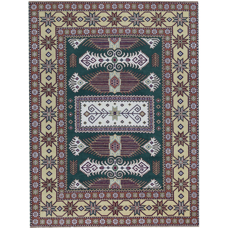 Kazak Wool Oriental Area Rug in Green/Maroon/Brown/White, Rectangle 3'11" x 5'9"