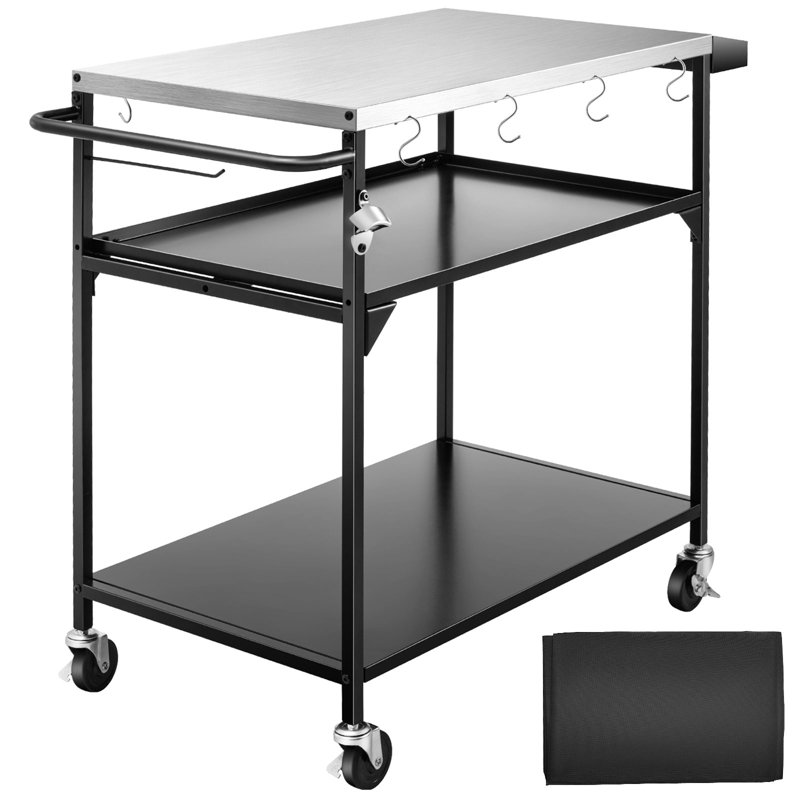 Table de gril d'extérieur en acier inoxydable, chariot de gril à 3 tablettes, table de four à pizza avec 4 roulettes, table de préparation des aliments et chariot de travail robuste, 39,37 po x 19,69 po x 35,43 po, housse incluse