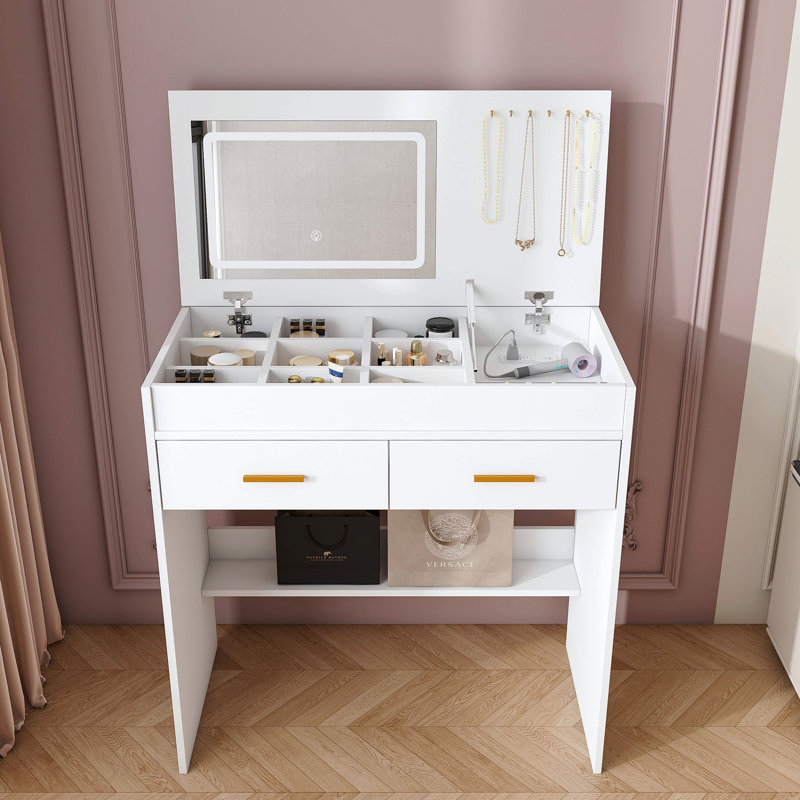 Flip Top Vanity Desk With Led Lighted Mirror & Built-In Outlet - Makeup Vanity Table With 2 Drawers, Open Storage, Hooks For Jewelry (No Stool Included, White)