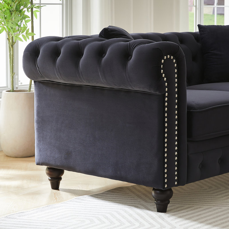 Chaise 5 places moderne en velours avec finitions artisanales, coussins confortables en mousse à ressorts, boutons d'inspiration vintage, pieds en bois brun