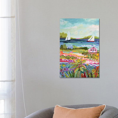 Two Sailboats And Cottage I by Karen Fields - Wrapped Canvas Painting