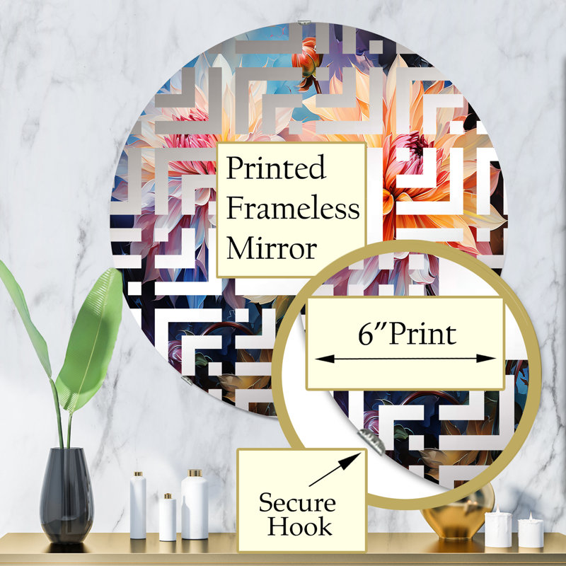 Miroir décoratif moderne corail et bleu Dahlia Dreams III - Maze - MIR110380-Rond, 31,4 po x 31,4 po