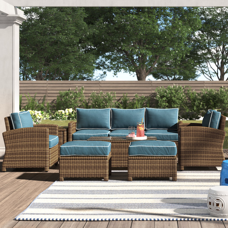 7 - Person Patio Conversation Set with Cushions, Brown, Navy Velvet