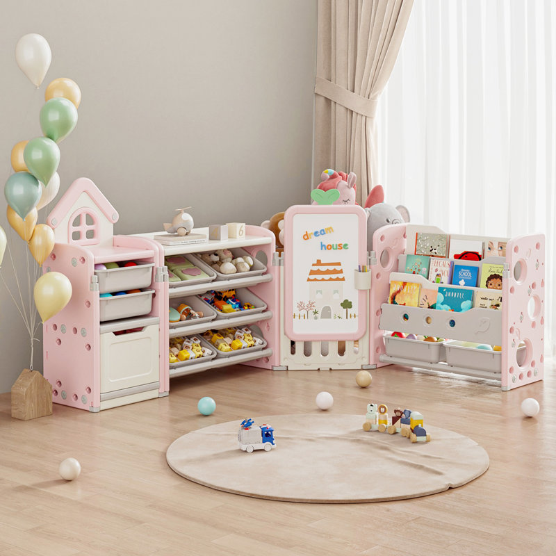 Foldable Kids Toy Storage Organizer ,With Removable Bins And 3-Tier Bookshelf For Kids Toy Storage Organizer With Drawing Board, Extra 3 Brushes