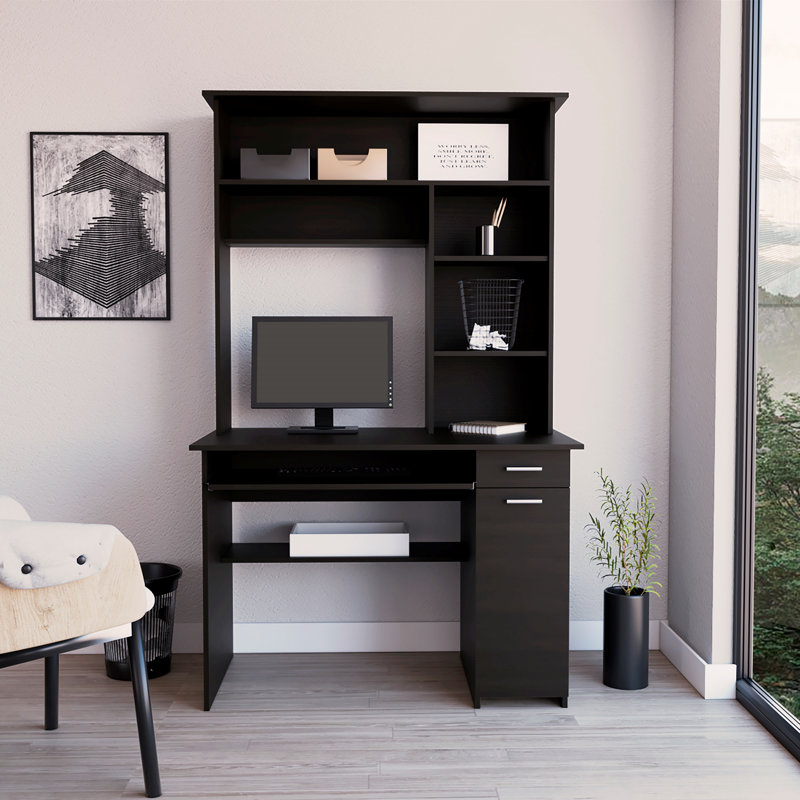 Compu 180 Hutch Desk, Multiple Shelves, Retractable Keyboard Tray, CPU Door Panel, One Drawer, Light Gray