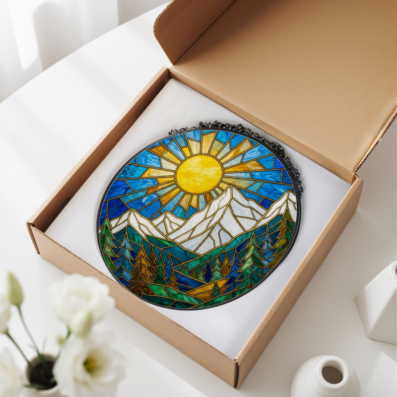 12"H Sun Mountain Stained Glass Window Panel, 12" H x 12" W